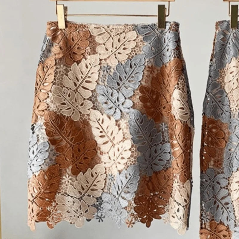 Women Brown Lace Midi Pencil Skirt Bi-material Skirt For Suits With Zipper Long Floral Fashion SKirts Jupe Femme Bi Matiere Short Style