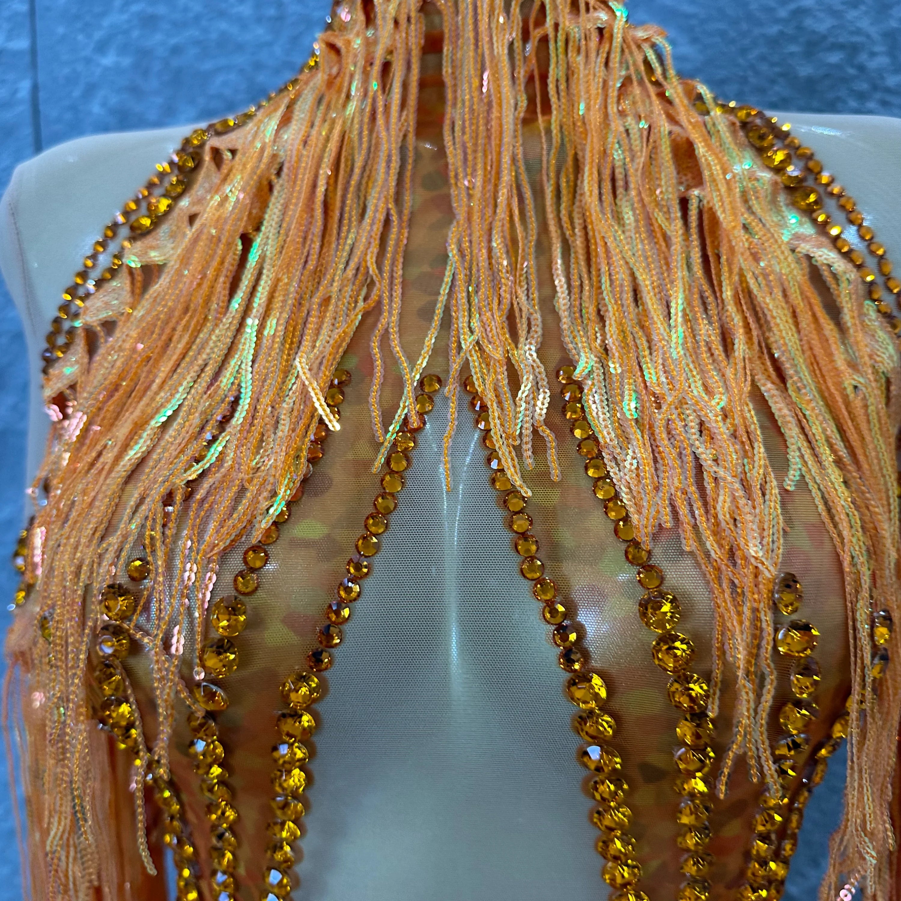 Sparkly Orange Rhinestone Fringe High Neck Dress Women Sheer Mesh Embellished Latin Dance Performance Costume