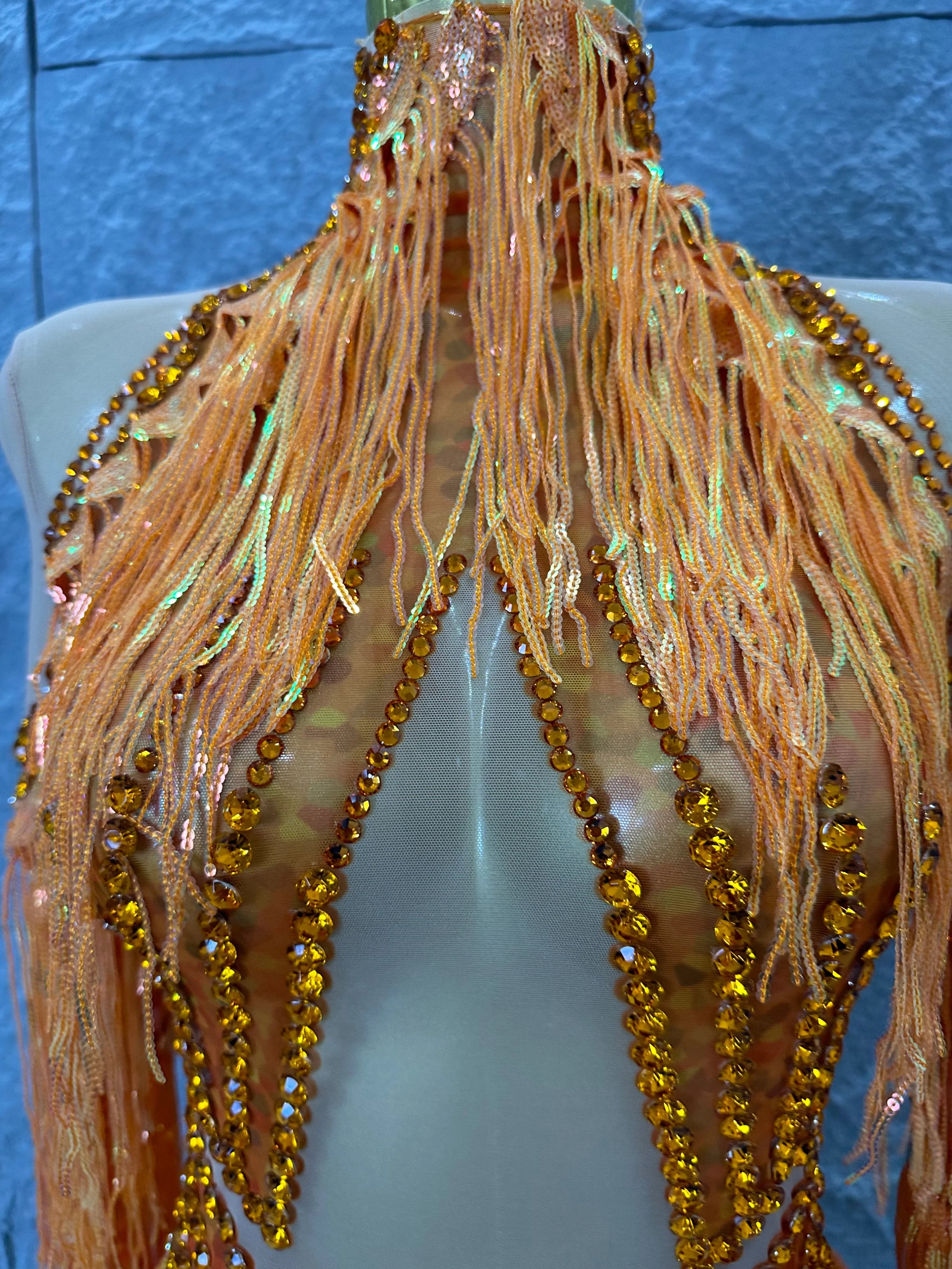 Sparkly Orange Rhinestone Fringe High Neck Dress Women Sheer Mesh Embellished Latin Dance Performance Costume