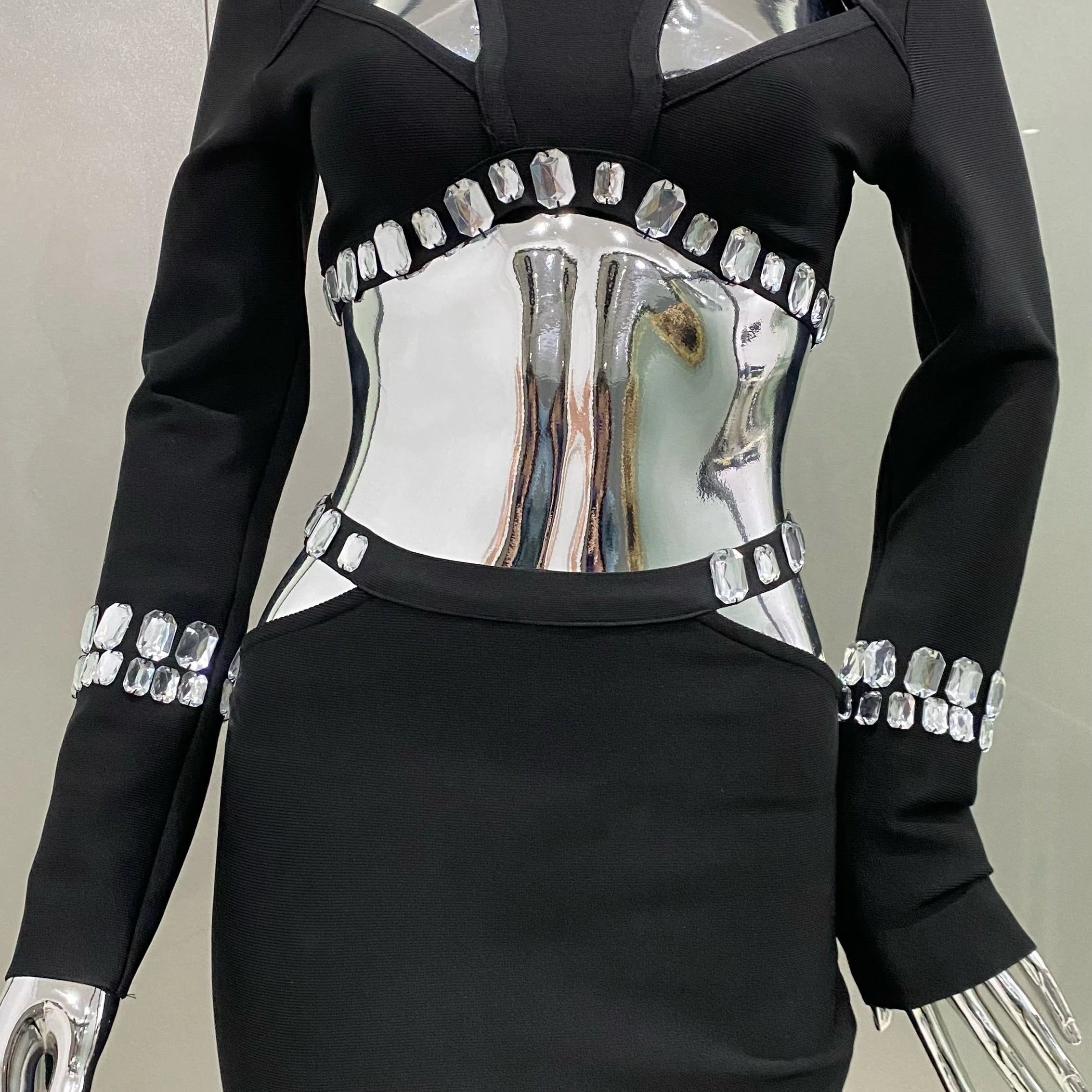 STOCK Stylish Luxury Diamonds Woman Bandage Set Sexy Hollow Out Short Top And Mermaid Long Skirt 2 Pieces Evening Party Vestido