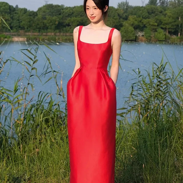 Lautaro Spring Summer Autumn Praty Birthday Evening Dresses Woman Elegant Luxury Red Prom Spaghetti Strap Satin Maxi Dress 2025