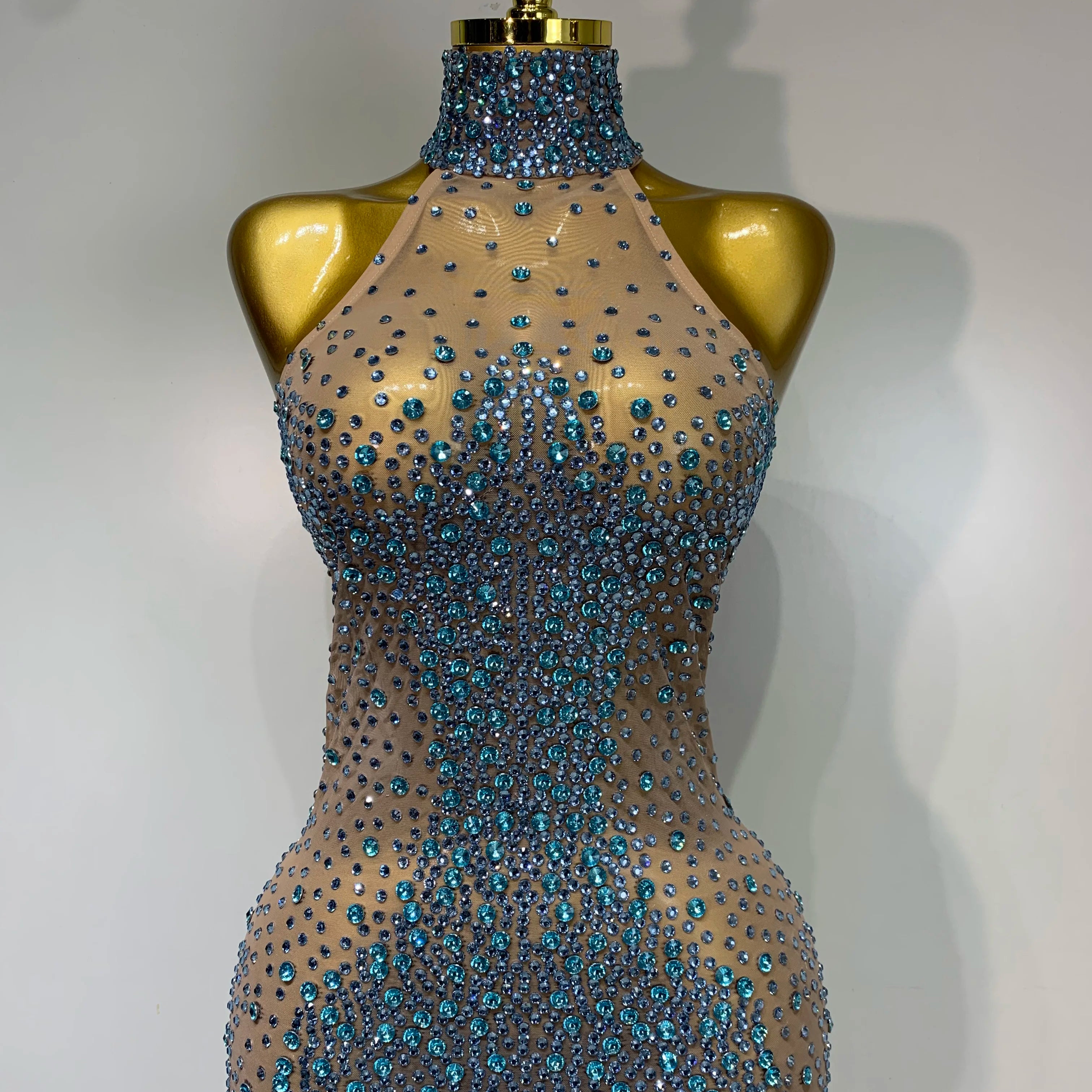 Sparkly Rhinestones Sleeveless Dress Sexy Mesh Transparent Celebrate Evening Wedding Prom Luxury Birthday Dresses Stage Outfit