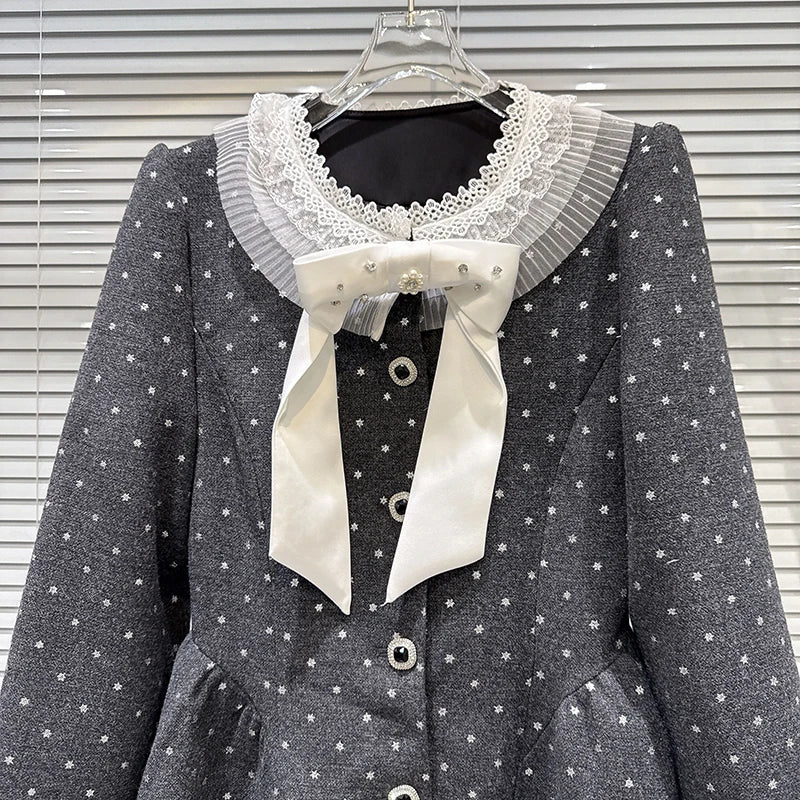 Winter New Fashion Style Diamond Bow Waist Woolen Quilted Trench Coat For Women Elegant Long Windbreaker 11A07557