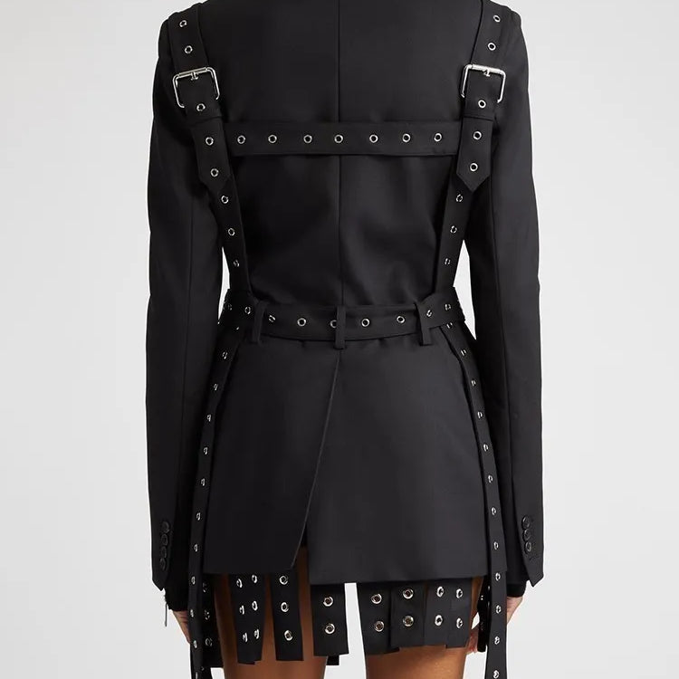 Solid Patchwork Belts Blazers For Women Notched Collar Long Sleeve Patchwork Single Breasted Chic Blazer Female New