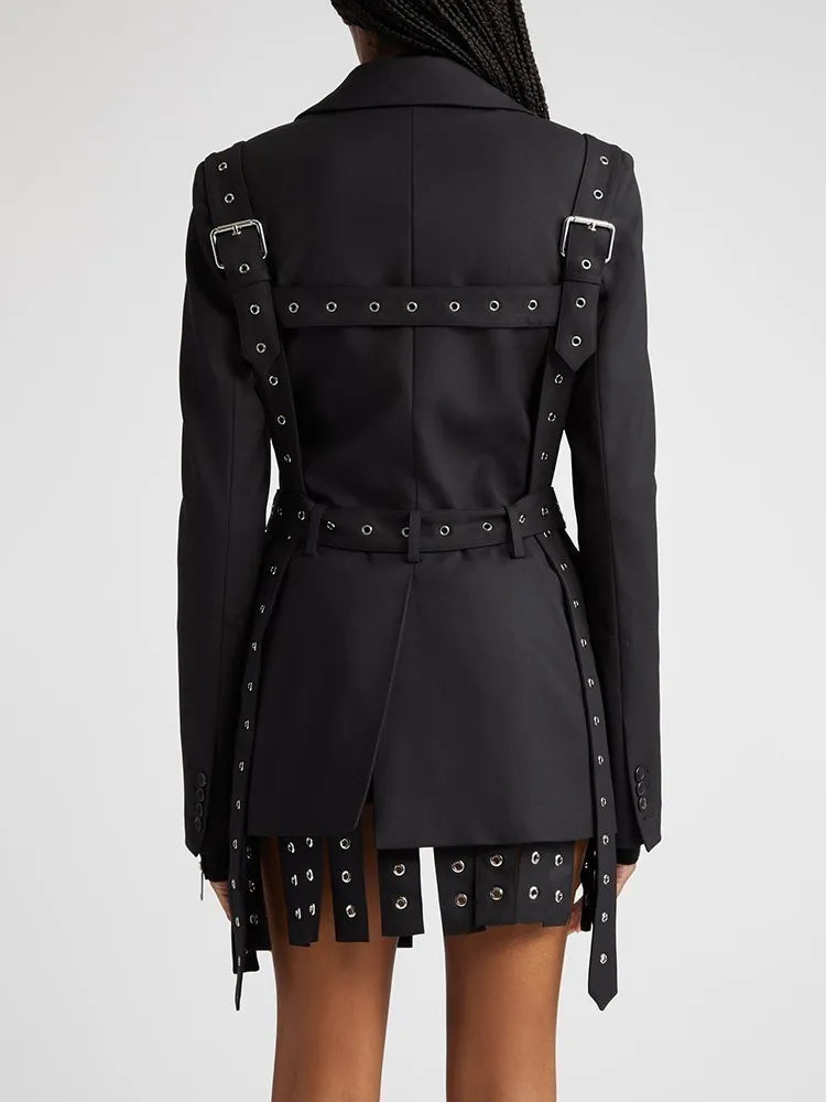 Solid Patchwork Belts Blazers For Women Notched Collar Long Sleeve Patchwork Single Breasted Chic Blazer Female New