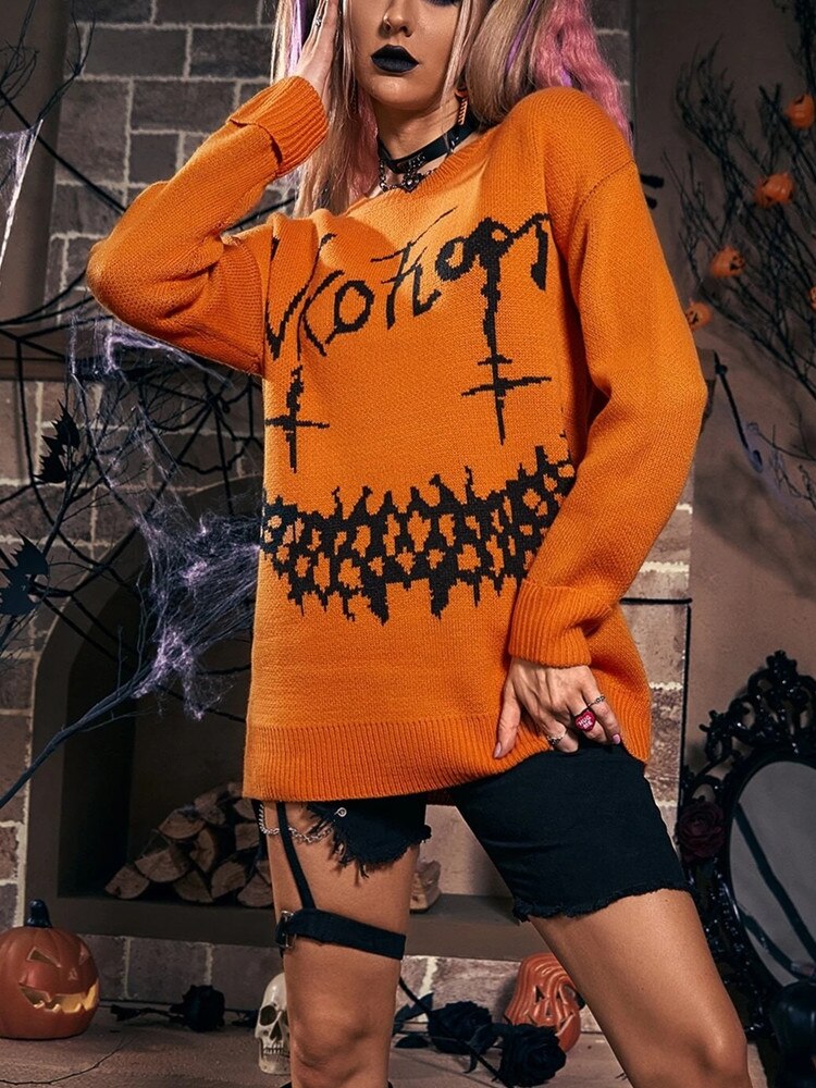 Yangelo Halloween Gothic Letter Pattern Knitted Sweater Punk Street Retro Basic Women's Fall Winter Warm Loose Sweater Default Title