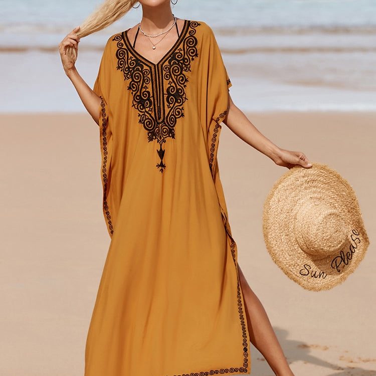 Vintage Embroidery Kaftan Sexy V-neck Batwing Sleeve High Waist Maxi Dress Tunic Women Clothing Summer Beach Dresses Q660 Q1465 One Size