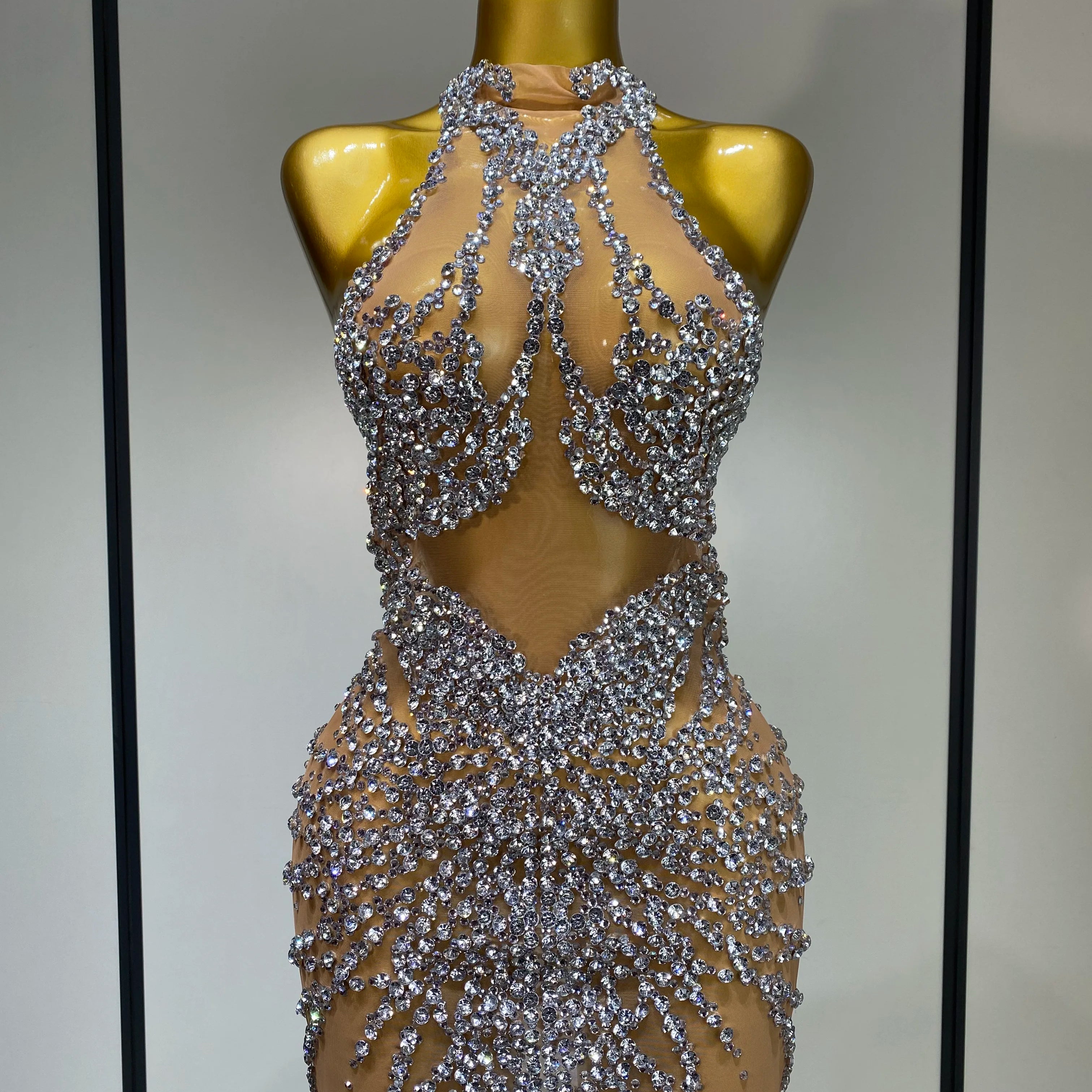 Luxury Rhinestones Mesh Transparent Prom Mini Dress Shinny Women Birthday Celebrate Party Prom Nightclub Outfit Stage Costume Silver