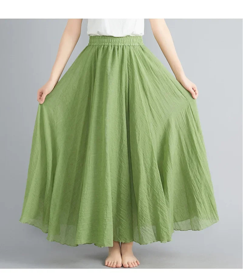 Fashion Cotton Linen Clothes Women Skirts Maxi Y2k Elegant Beach Saia Ropa Mujer Casual Vestido Boho Long Skirt Faldas Harajuku Vegetation green