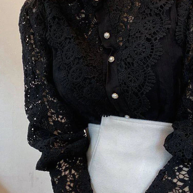 Women Chiffon Button Turtleneck Shirt Chic Elegant Floral Lace Fluffy Long Sleeve Top Fashion Hollow Oversize White Blouse 2025 black