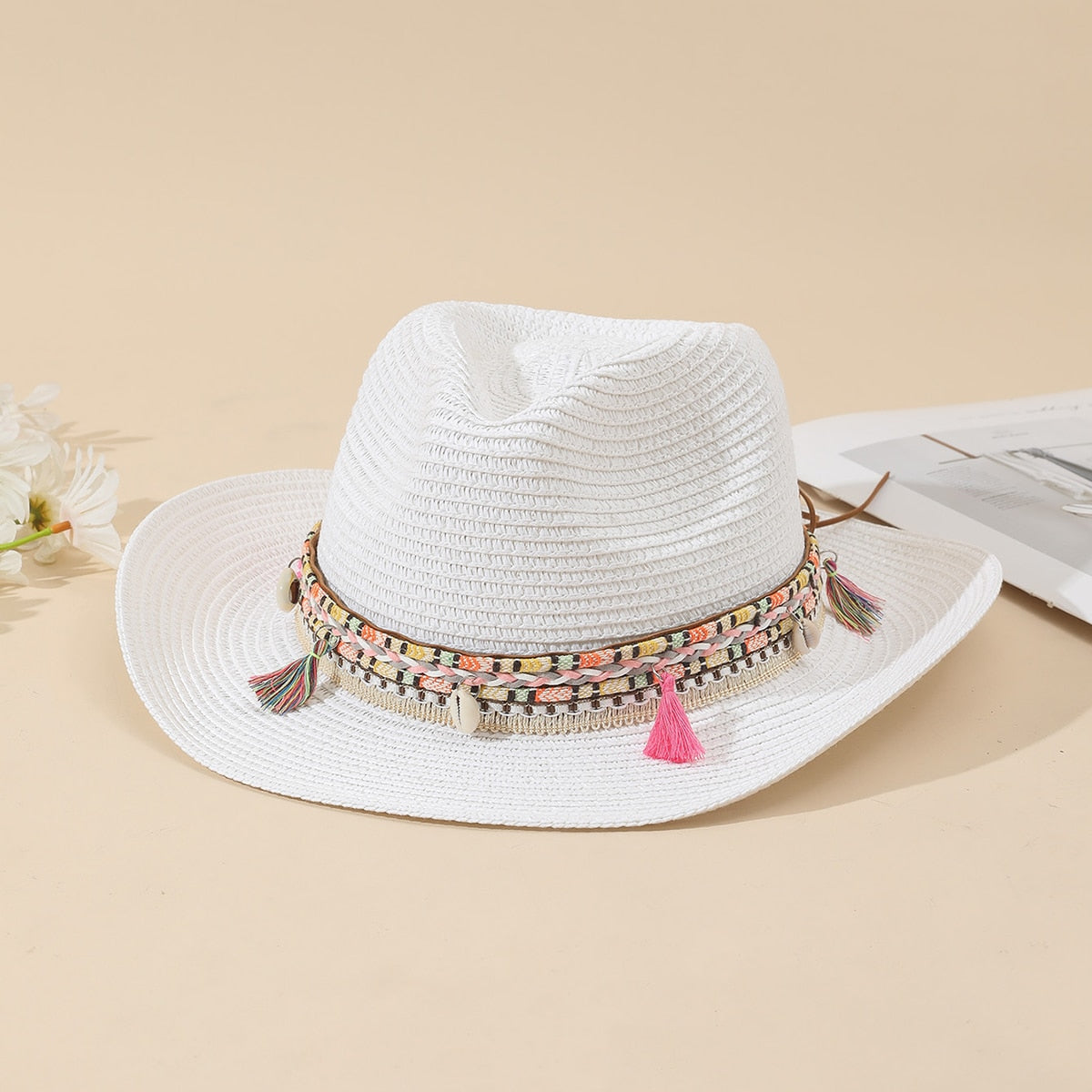 Wholesale Women Pink Tassel Cowboy Hat Floppy Beach Hats Summer Straw Hats Ladies UV Protection Hat Panama Sun Hat white