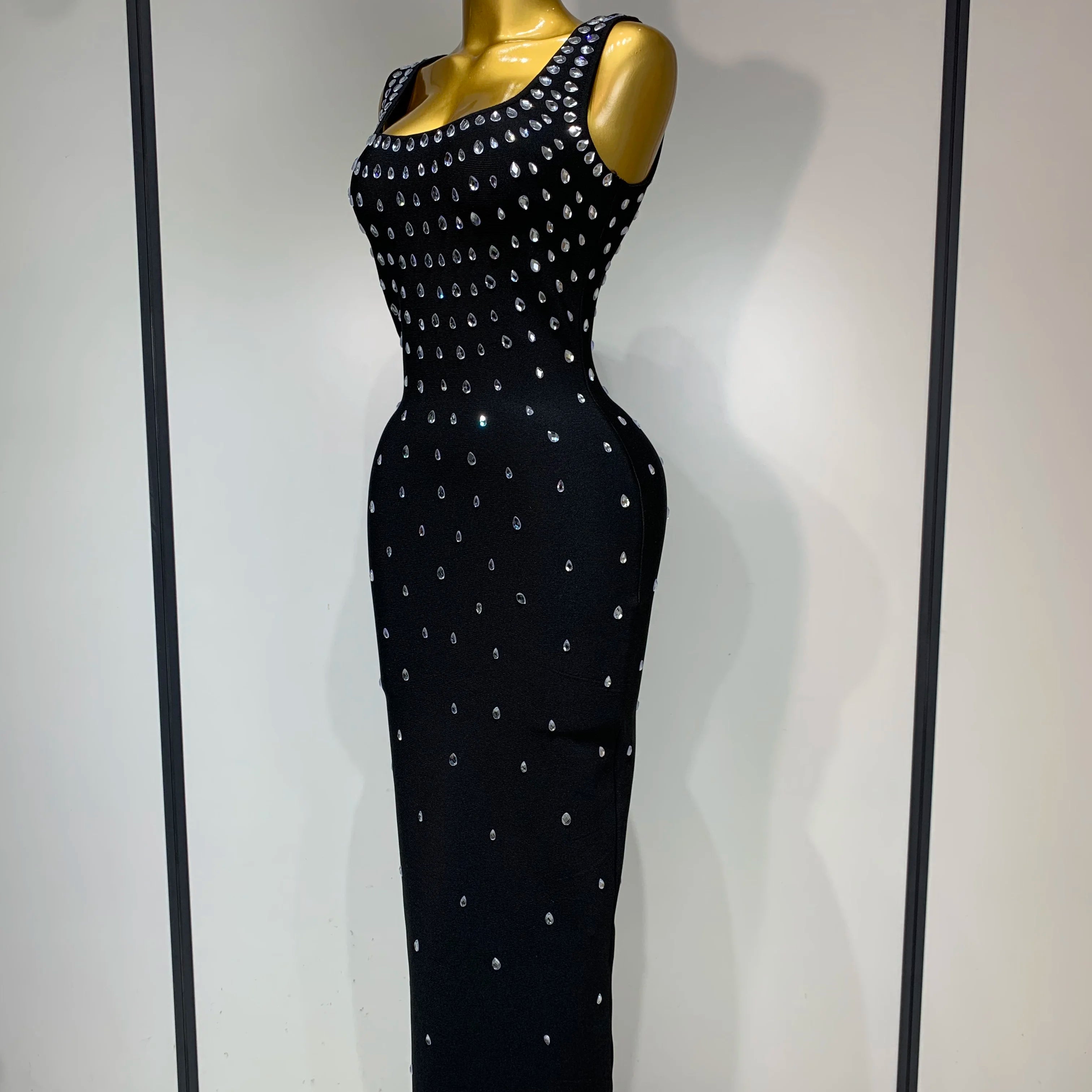 Luxury Rhinestone Bandage Long Dress Elastic Sleeveless Bodycon High Street Evening Club Party Elegant Birthday Prom Gowns