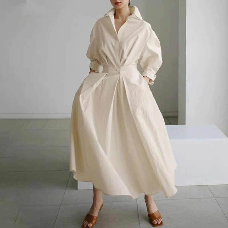 S-5XL Korean Fashion Long Sleeve Shirt Dress Chic Turndown Neck Ruched Maxi Dress Women 2022 Autumn Winter Clothes Streetwear beige