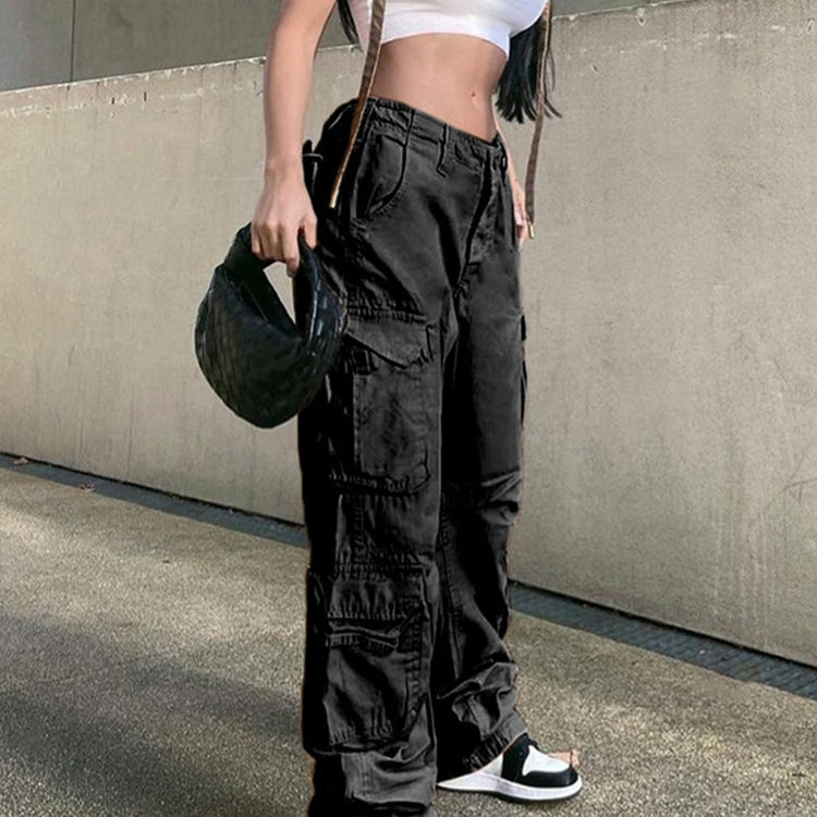 Vintage Cargo Pants Baggy Jeans Women Fashion 90s Streetwear Pockets Wide Leg High Waist Straight Y2k Denim Trousers Overalls Black