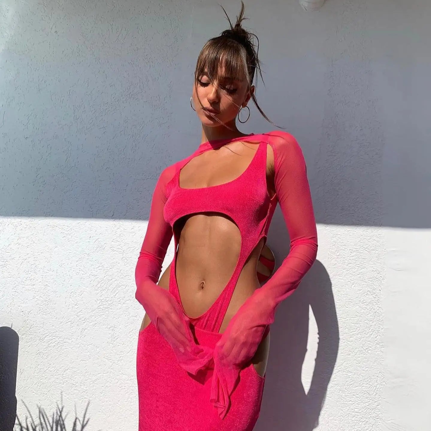 Rosered Color Women Long Sleeve Mesh Rayon Bandage Sexy Holes Bodycon Long Dress Nightclub Party Celebrate Vacation Beach Dress