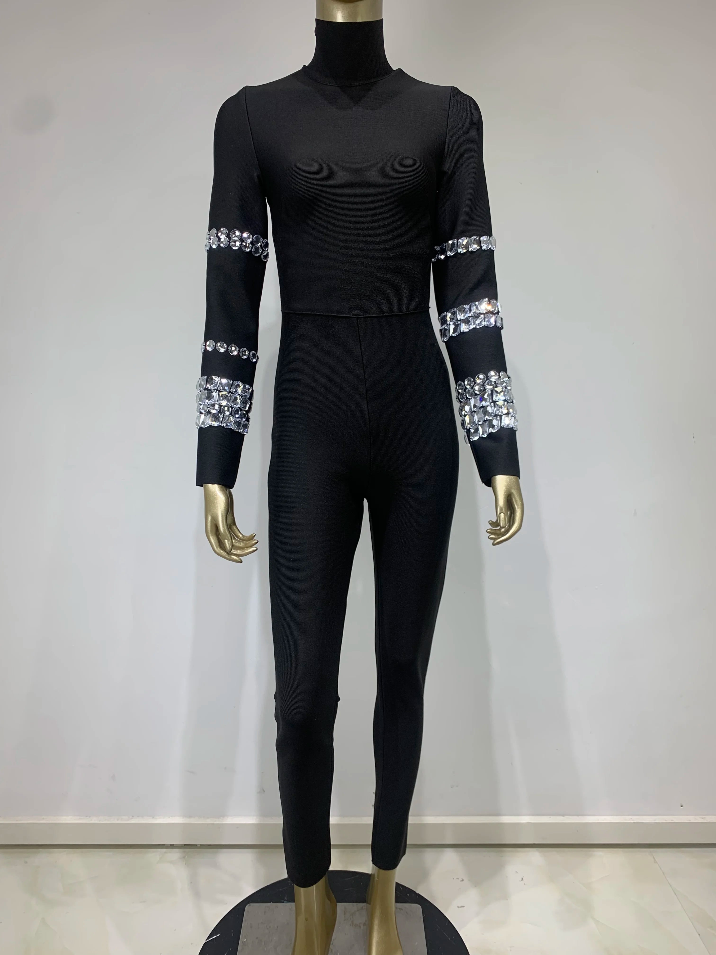 Chic Women Luxury Sexy Long Sleeve Turtleneck Beading Sparkly Black Bandage Jumpsuit 2023 Celebrity Designer High Street Rompers