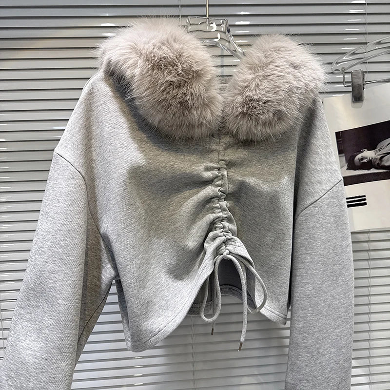 Winter New Fashionable Big Fur Collar Drawstring Sweatshirt Lace Waist Mermaid Skirt Thickened Set For Women 11A07480