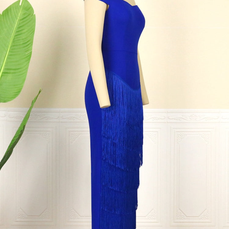 Women Dresses Blue Tassels Fringe Sexy Party Off Shoulder Sleevless Elegant Bodycon Long Cocktail Birthday Outfits Celebrate New