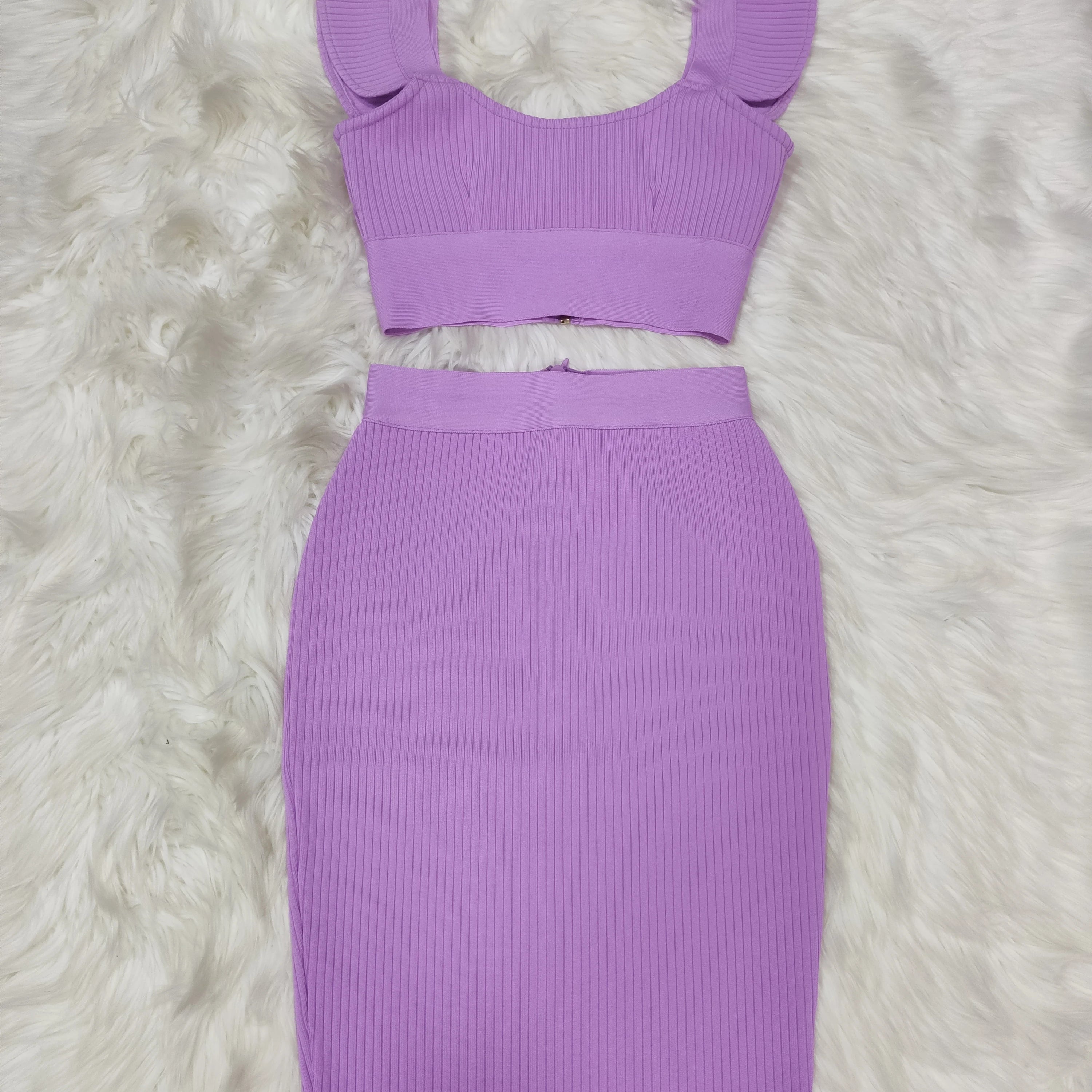 Celebrity Sexy Fashion Green Yellow Ruffles Bodycon Rayon Two Pieces Bandage Dress Two Pieces & Skirt Set Light Purple