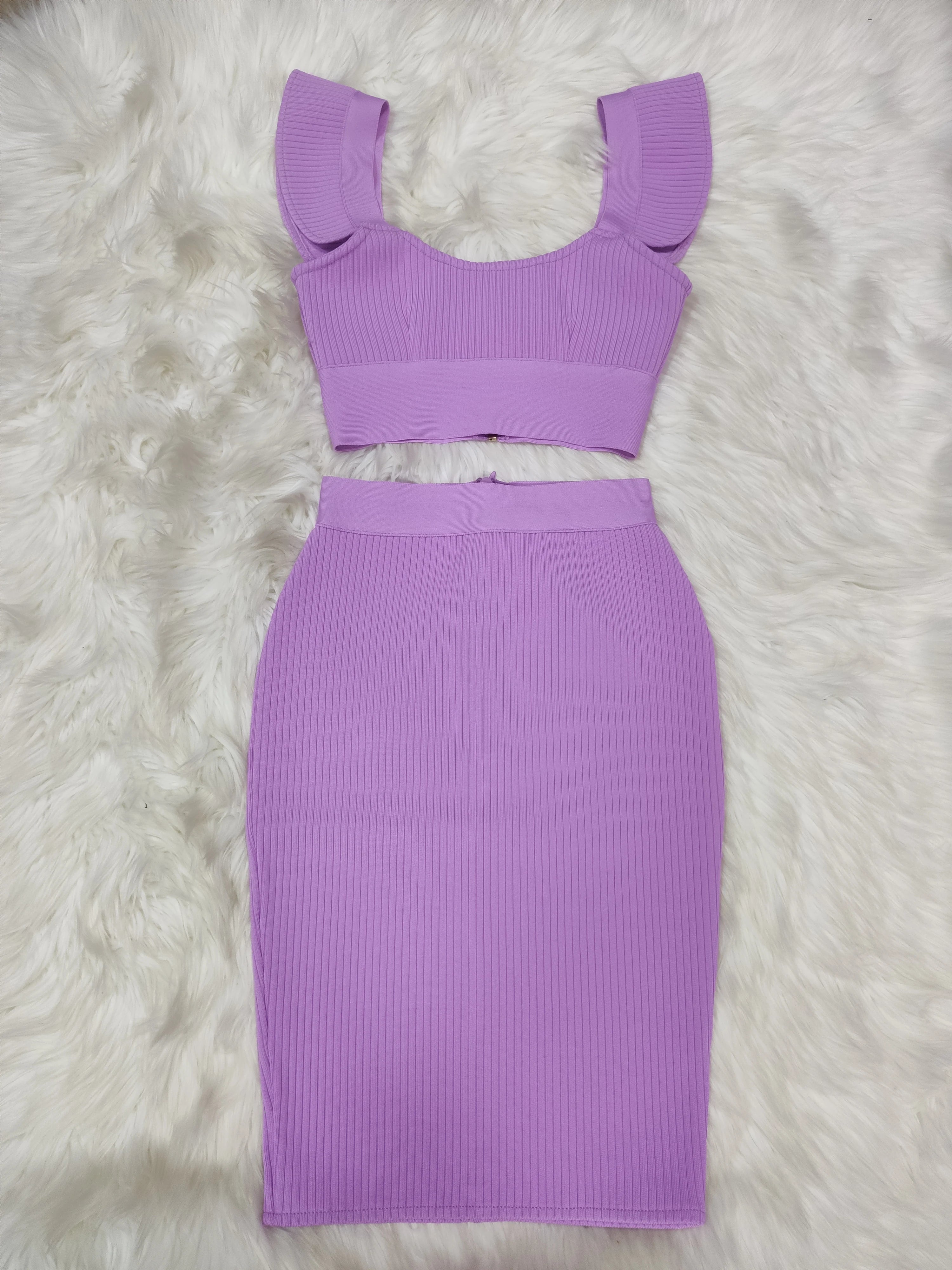 Celebrity Sexy Fashion Green Yellow Ruffles Bodycon Rayon Two Pieces Bandage Dress Two Pieces & Skirt Set Light Purple
