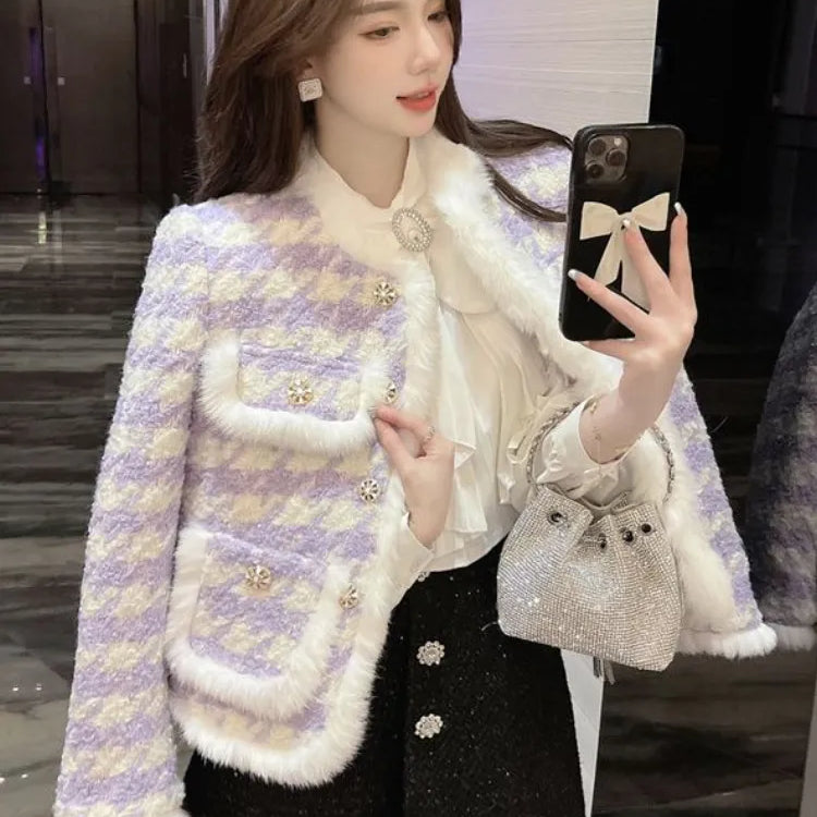 Women's Cotton Short Coat Commuter Style Overshirt Thickened Jacket Autumn Winter Clothes Imitation Mink Fur Coat Checkered Suit