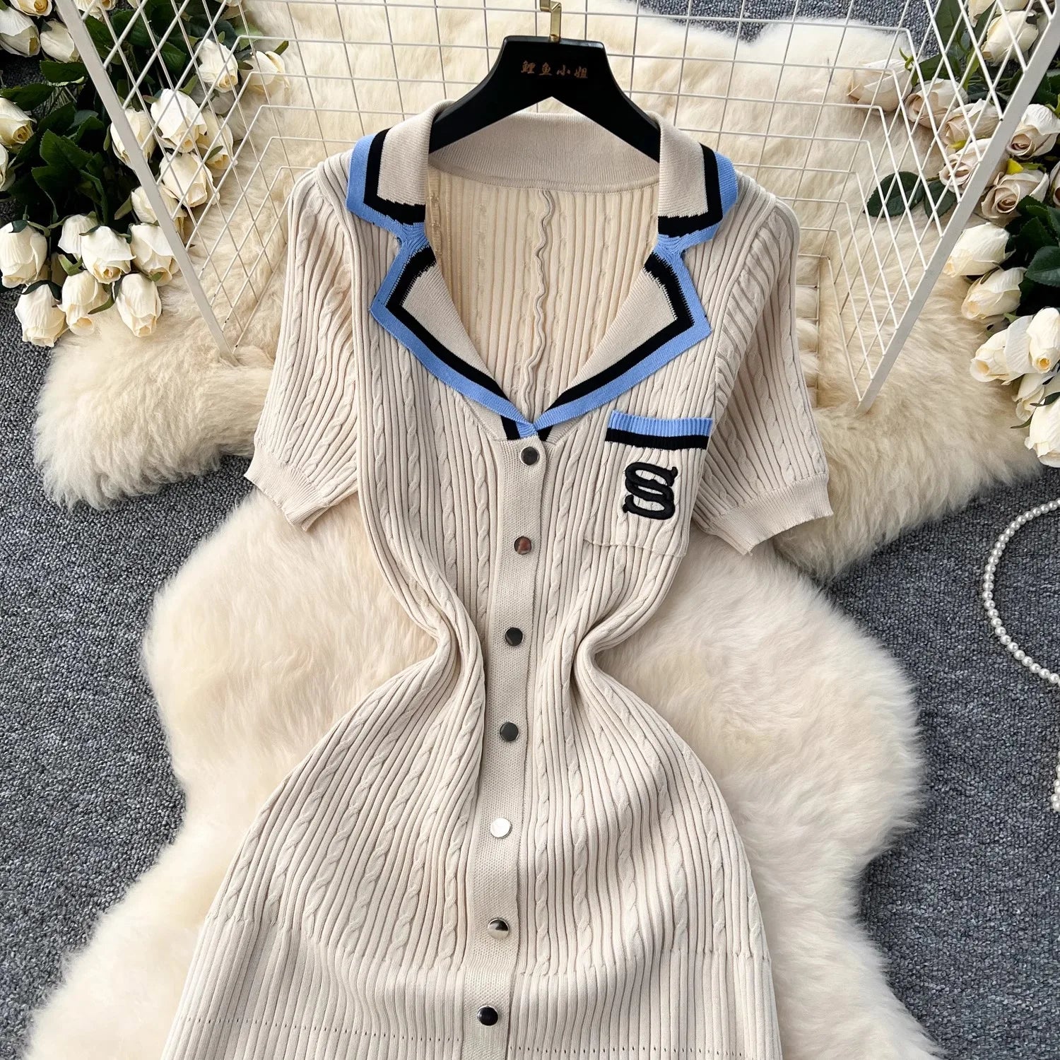 YuooMuoo Summer Women Knitted Long Dress Brand Fashion Turn-down Collar A-line Sweater Dress Elegant Lady Office Dress Robe