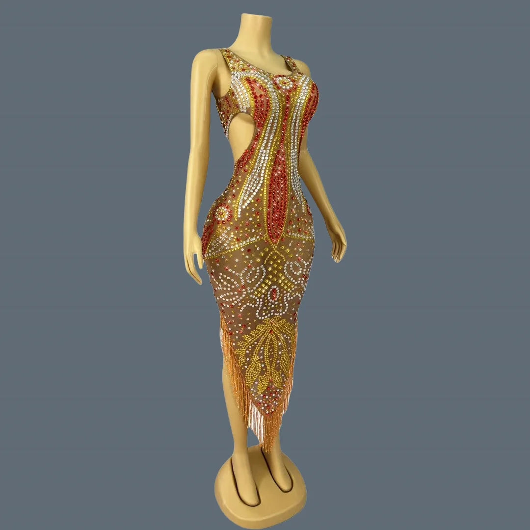 High-end Chic Asymmetrical Long Dress for Women Sparkly Rhinestone Tassel Evening Gown Birthday Queen Ball Dress Jinguangxian