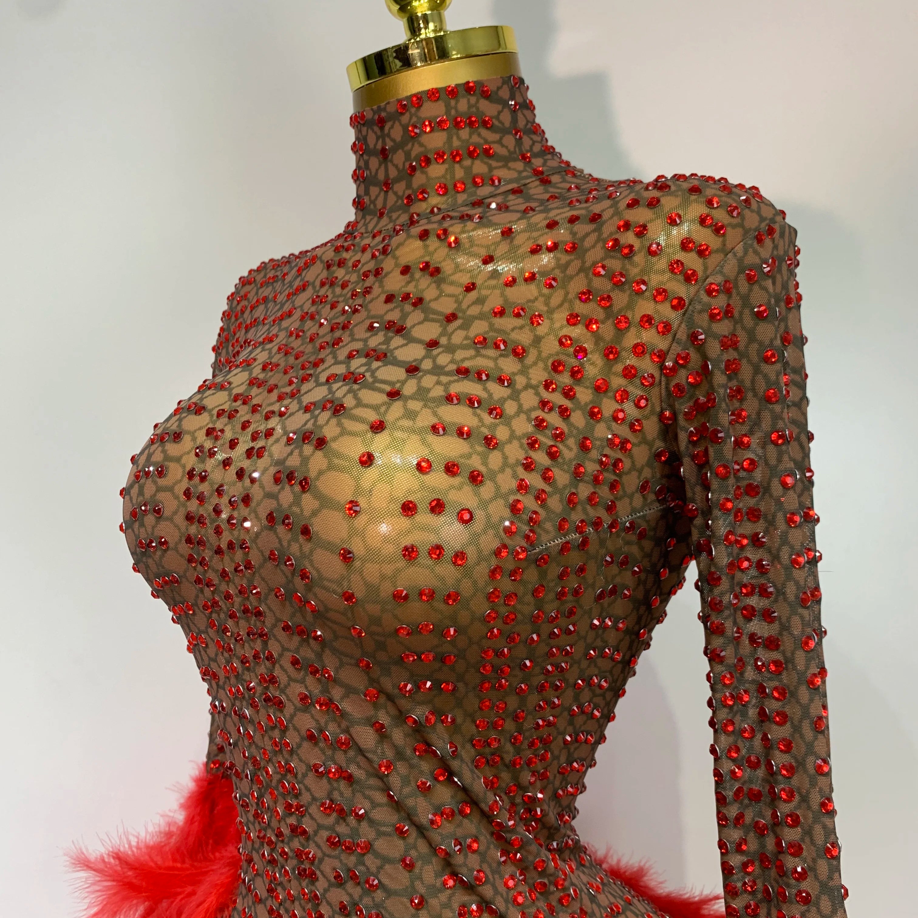 Women Luxury Birthday Dress Rhinestones Mesh Feathers Bodycon Mini Celebrity Evening Club Party Dress Nightclub Stage Outfit
