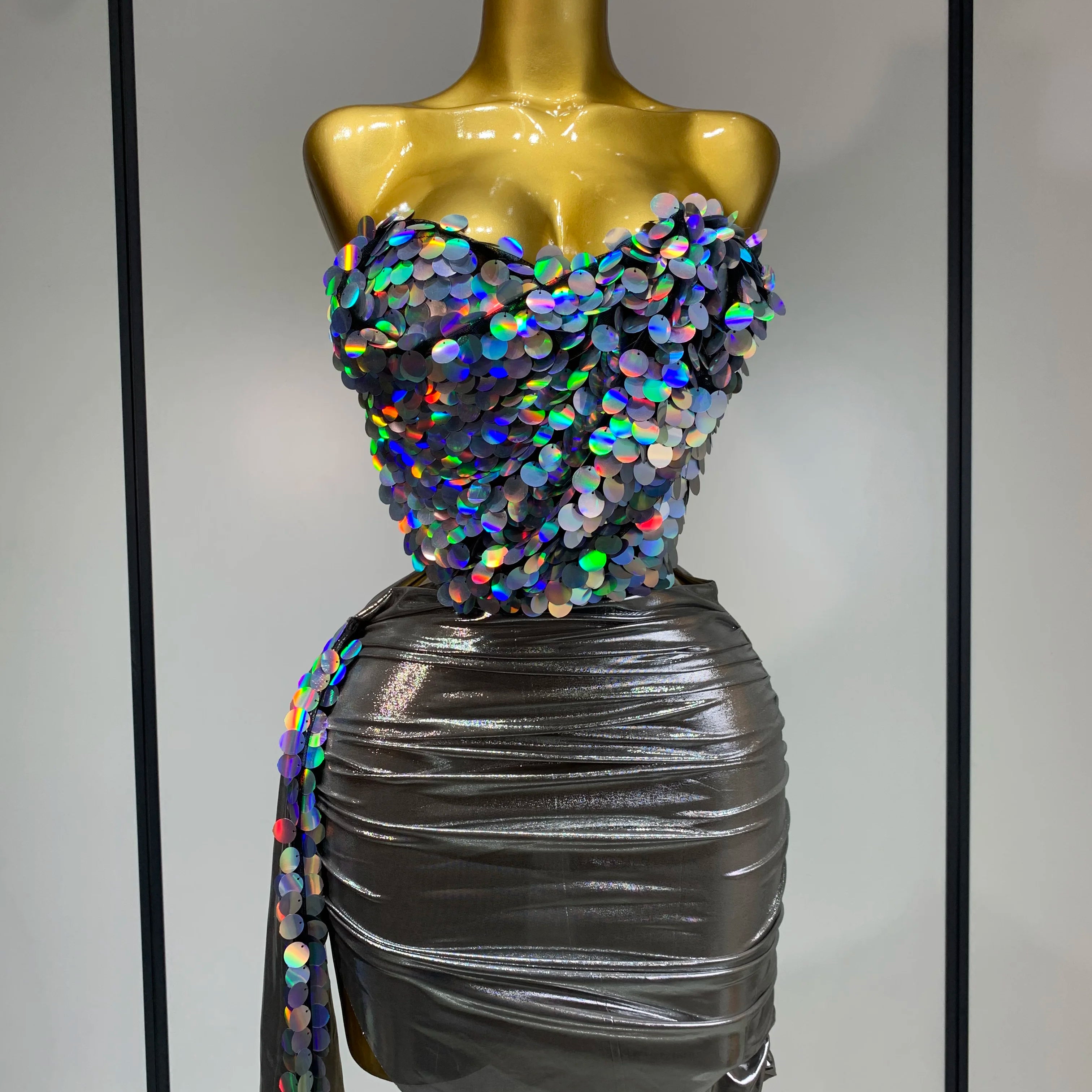 Sparkly Sequin Two Piece Set Sexy Strapless Backless Women Outfit Evening Party Nightclub Stage Performance Dance Costume Silver