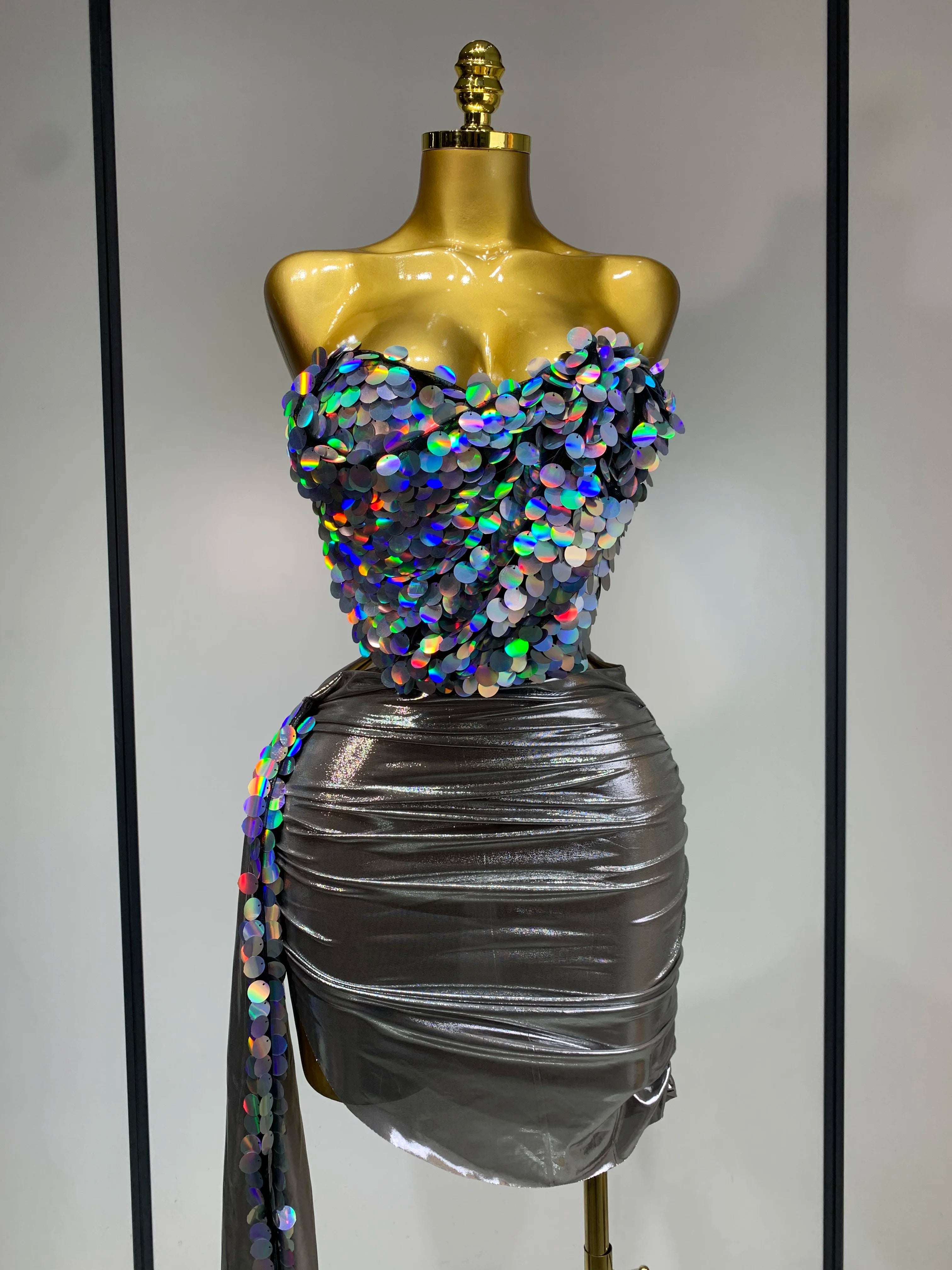 Sparkly Sequins Short Dress Women Sexy Party Evening Prom Celebrate Birthday Photo Shoot Two-piece set Nightclub Dance Costume Silver