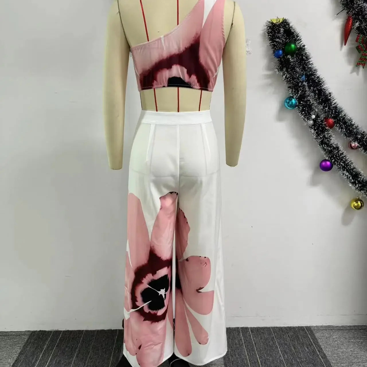 Women Set Floral Print Sleeveless Skew Collar Tops +Wide Leg Pants Two 2 Piece Set Outfit 2024 Summer Street Tracksuit