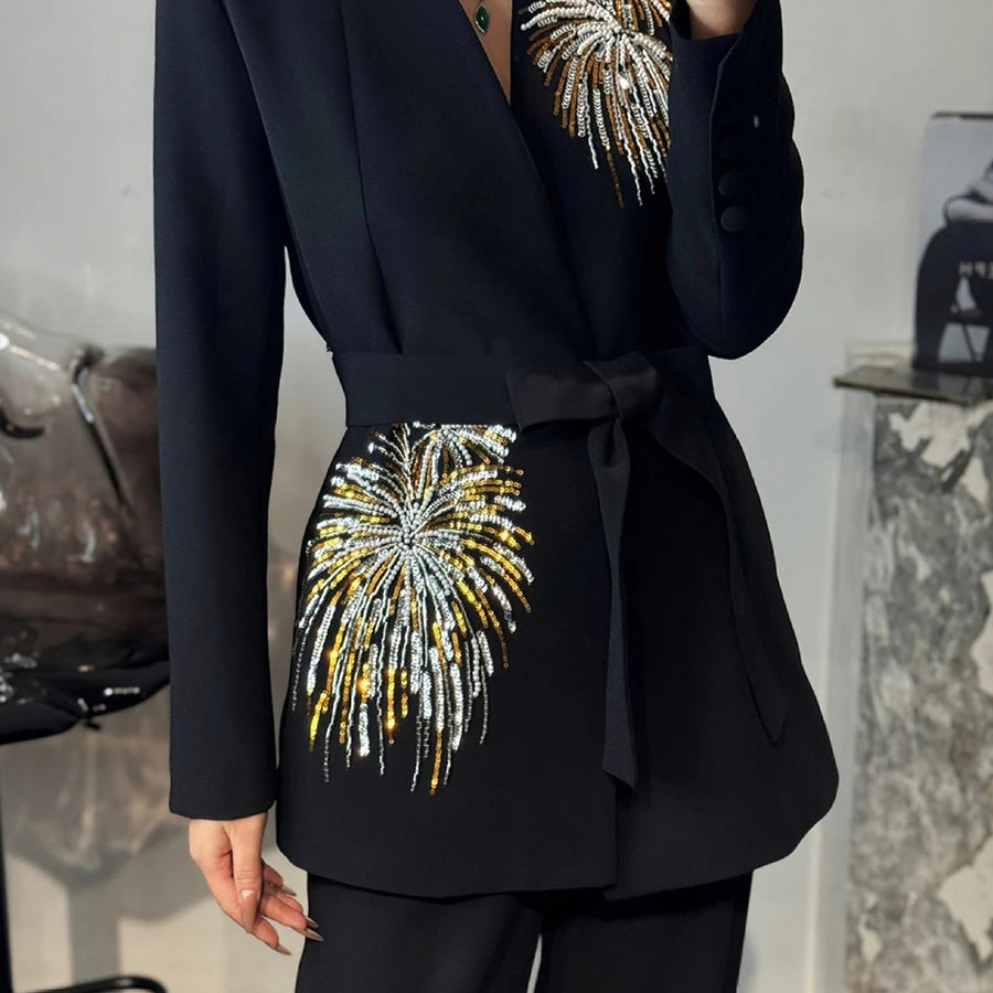 Solid Slimming Two Piece Sets for Women V Neck Long Sleeves Patchwork Sequins Top High Waist Pant Fashionset Female BLACK