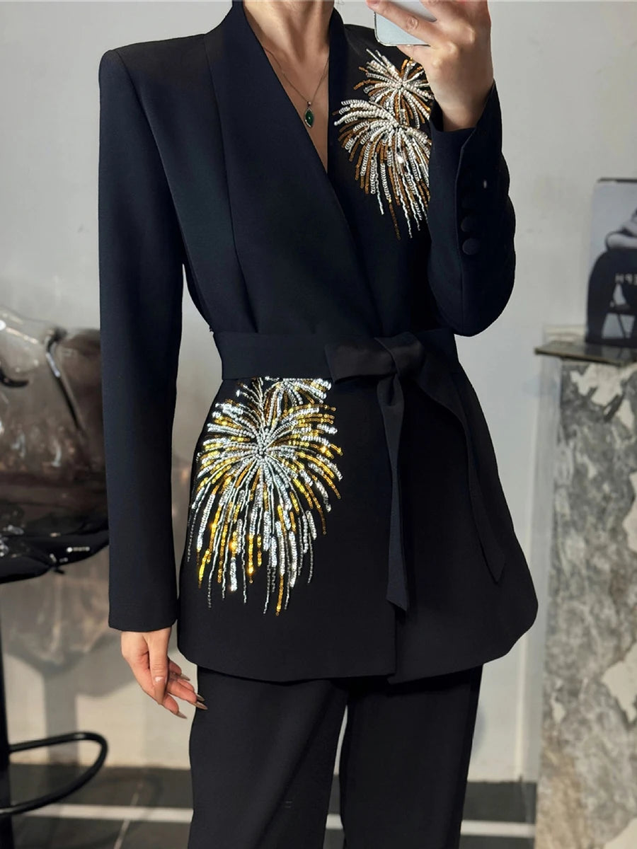 Solid Slimming Two Piece Sets for Women V Neck Long Sleeves Patchwork Sequins Top High Waist Pant Fashionset Female BLACK