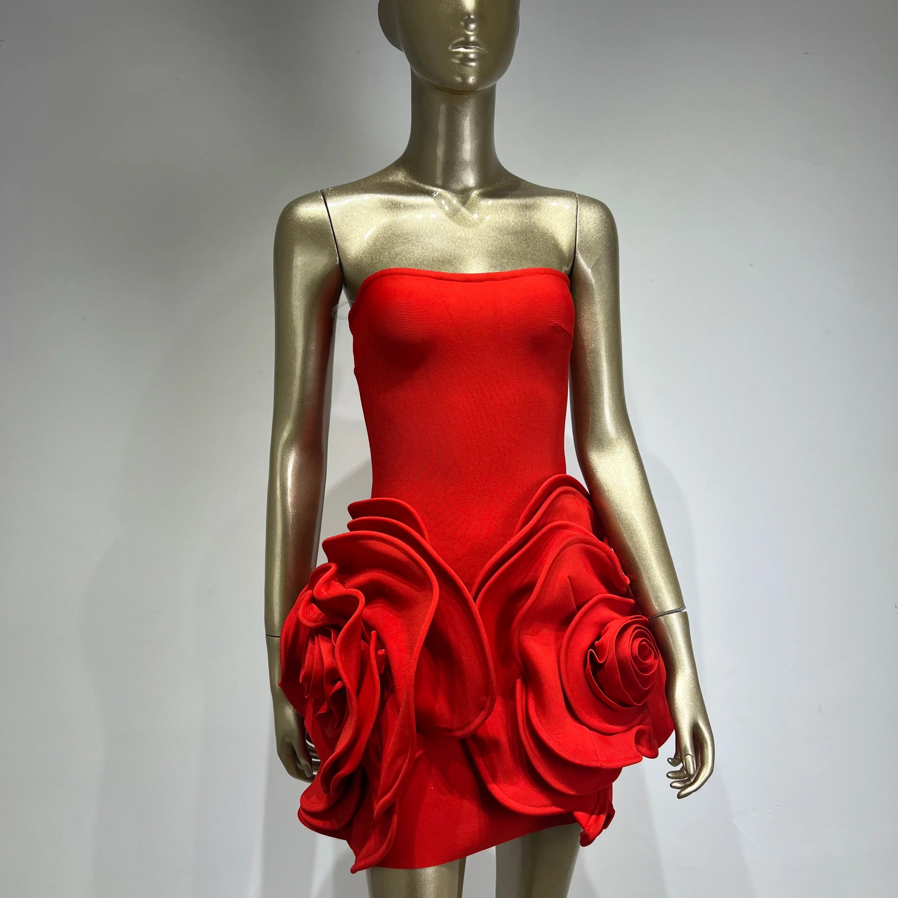 Women Celebrity Sexy Strapless Backeless Red Flower Mini Bodycon Bandage Dress Elegant Evening Club Party Dress