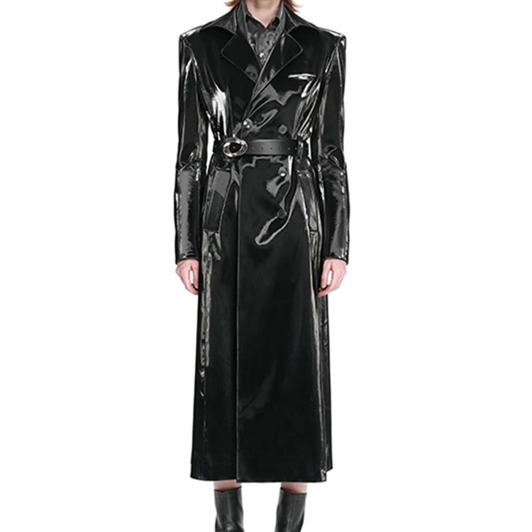 Lautaro Spring Long Shiny Reflective Hard Black Faux Patent Leather Trench Coat for Women Belt Double Breasted Overcoat 2025 Black
