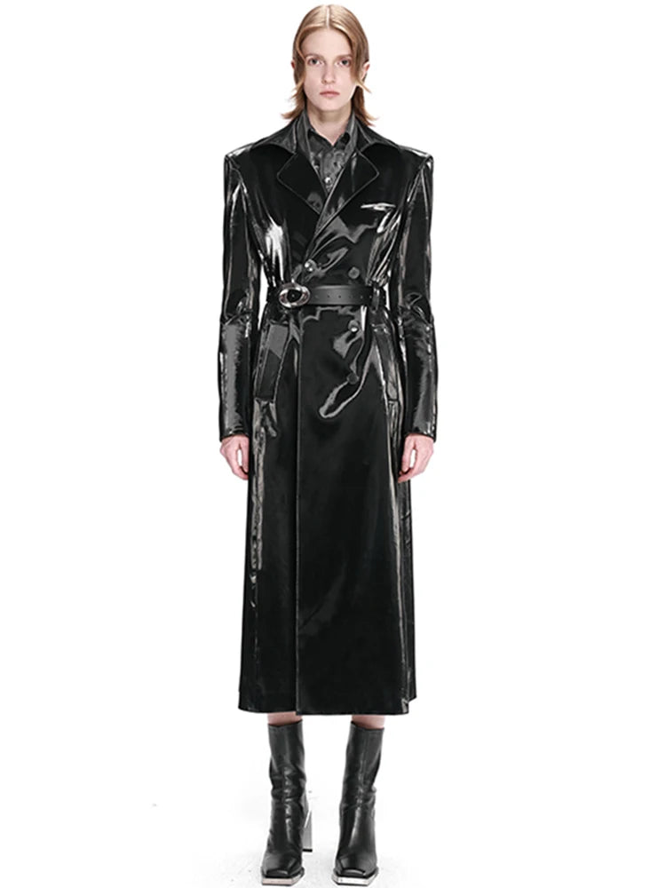 Lautaro Spring Long Shiny Reflective Hard Black Faux Patent Leather Trench Coat for Women Belt Double Breasted Overcoat 2025 Black