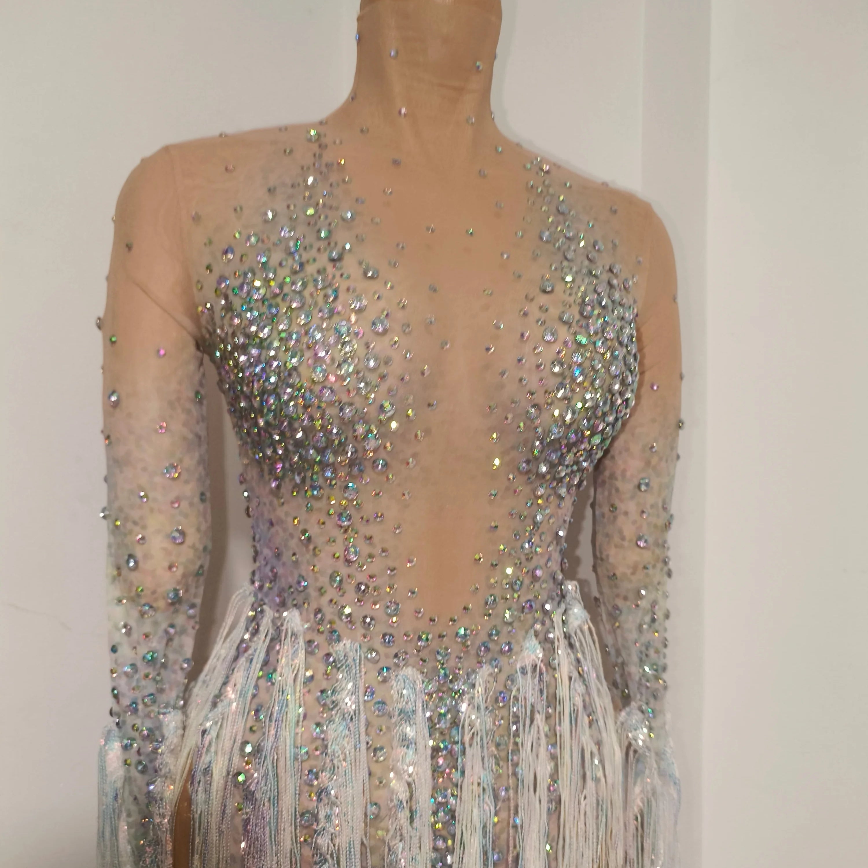 Luxurious Nude Long Sleeve Dress Women Sheer Mesh Iridescent Rhinestone Fringe Embellished Latin Dance Performance Costume