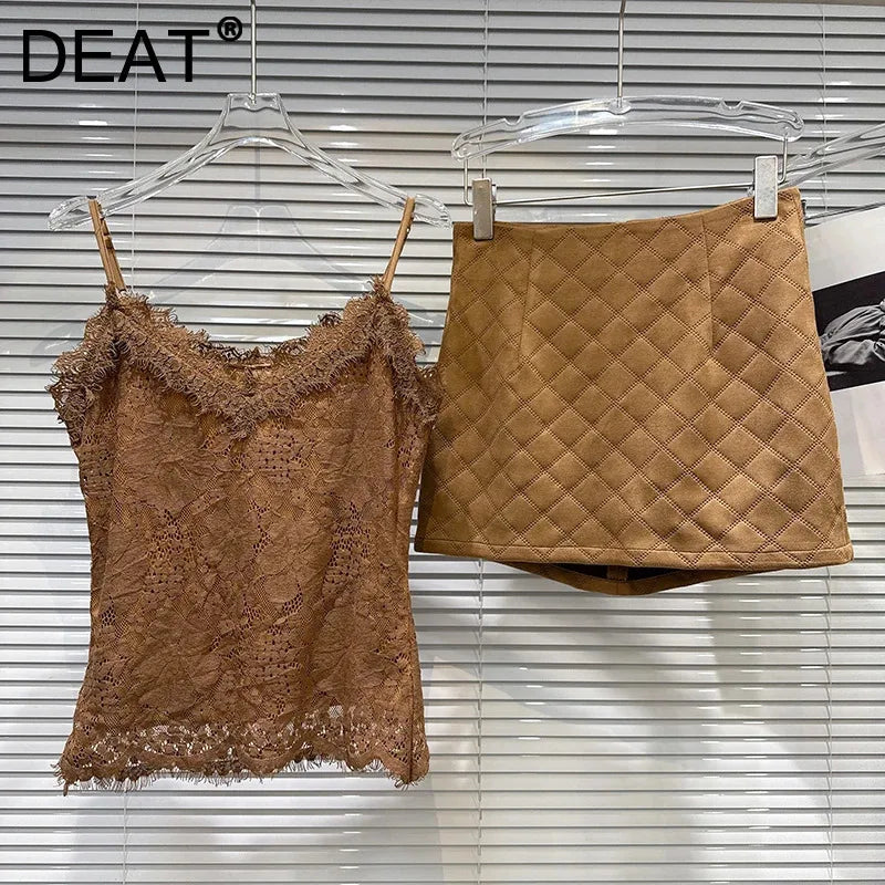 Winter Fashion New Elegant Lace Camisole Vest For Women High Waist Wrapped Hip Suede Short Skirt Female 11A07850