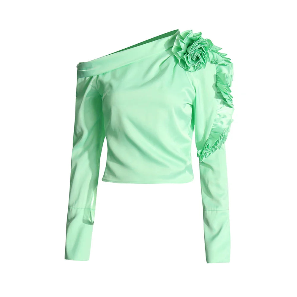 Patchwork Appliques Asymmetrical Blouse For Women Diagonal Collar Long Sleeve Solid Pullover Shirts Female Fashion GREEN