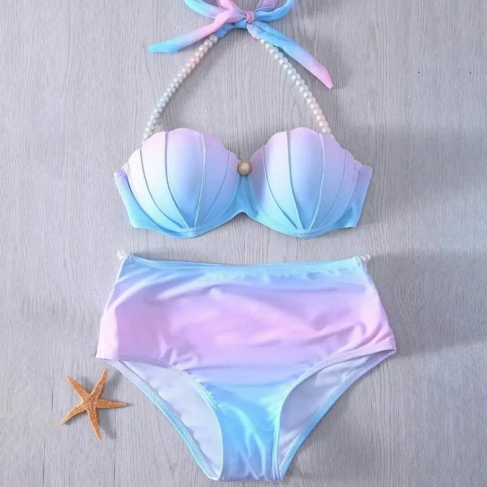 2Pcs/Set Split Bikini Gradient Color Shell Appearance Two-piece High Stretch Off Shoulder Swimwear for Beach