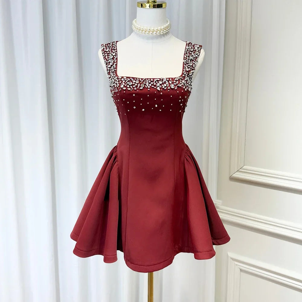 Solid Slimming Fashion Dresses for Women Square Neck Sleeveless Patchwork Diamonds Tunic Dress Female Clothing New RED