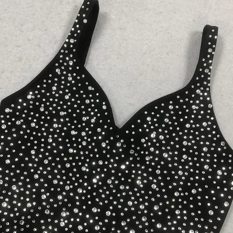 New Women Sexy V Neck Diamonds Beading Black Maxi Long Celebrity Bodycon Bandage Dress 2025 Elegant Evening Club Party Dress