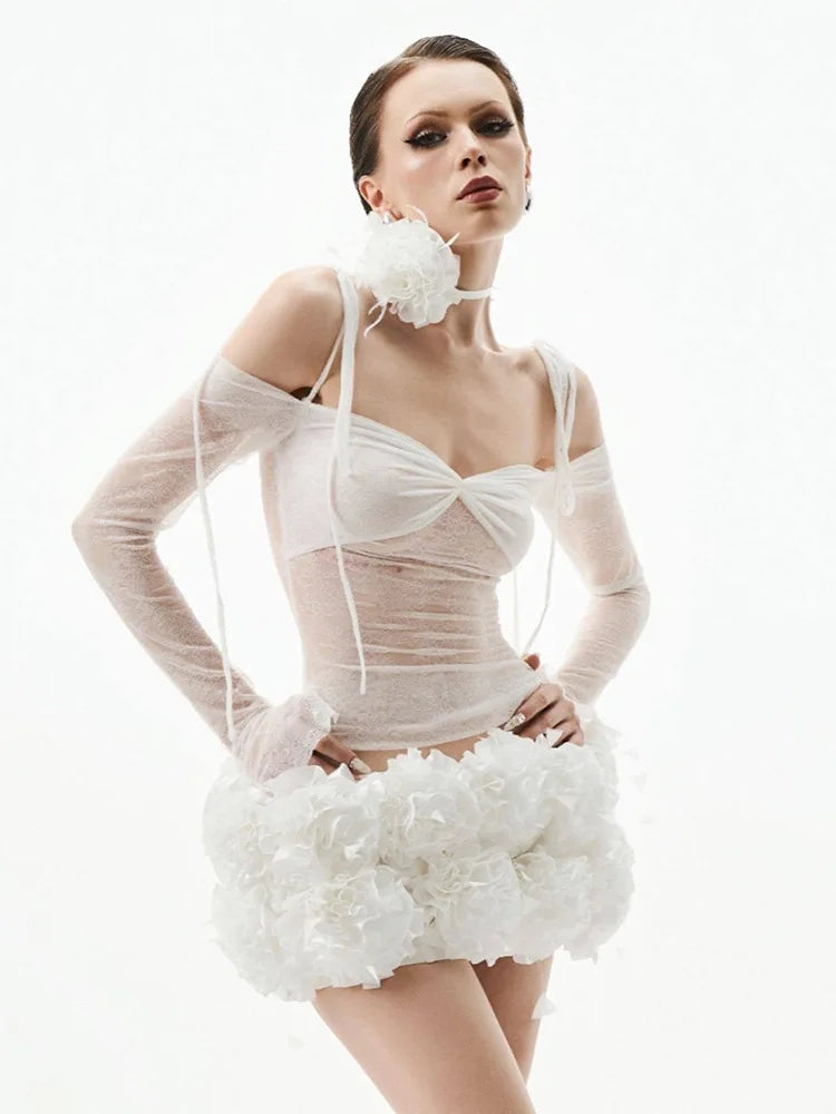 Red Color Women Long Sleeve Sexy Lace 2 Pieces Bodycon Mini Dress Florals Celebrate Nightclub Party Bar Dancer Stage Wear WHITE