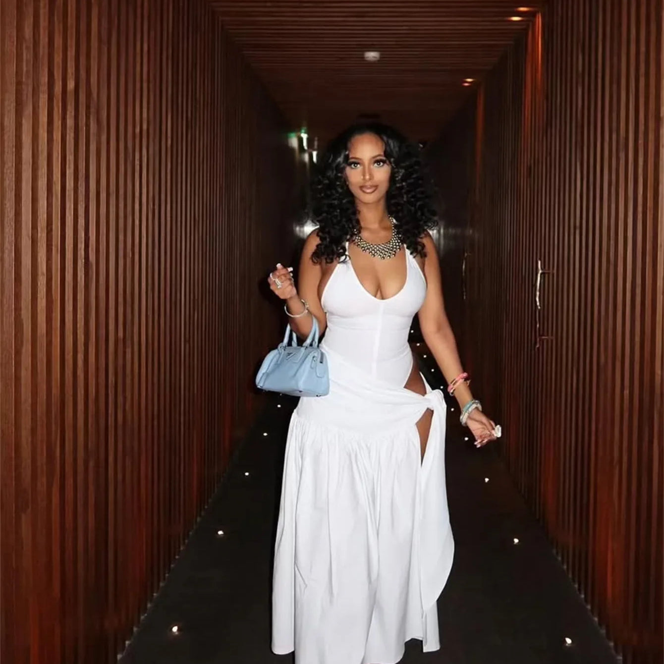 CM.YAYA Summer Women Halter Sleeveless V-Neck Tie Up High Side Split High Waist A-Line Dress Night Club Party Dresses Vestidos