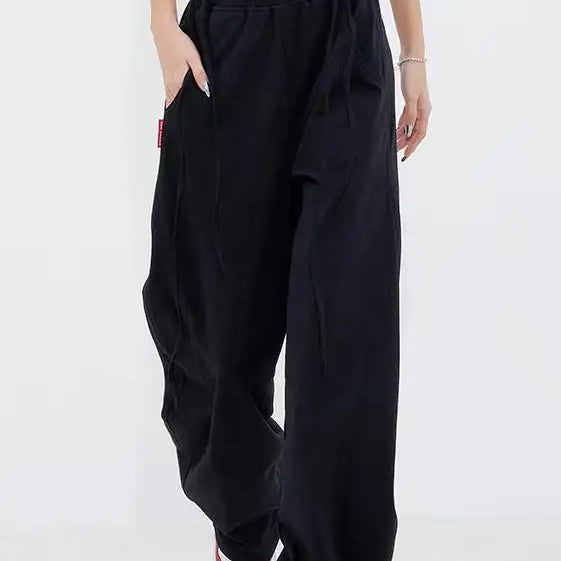 Women's Y2K Wide Leg Elastic Waist Drawstring Baggy Pants Casual Daily Joggers Trousers Vintage Street Mopping Sweatpant black