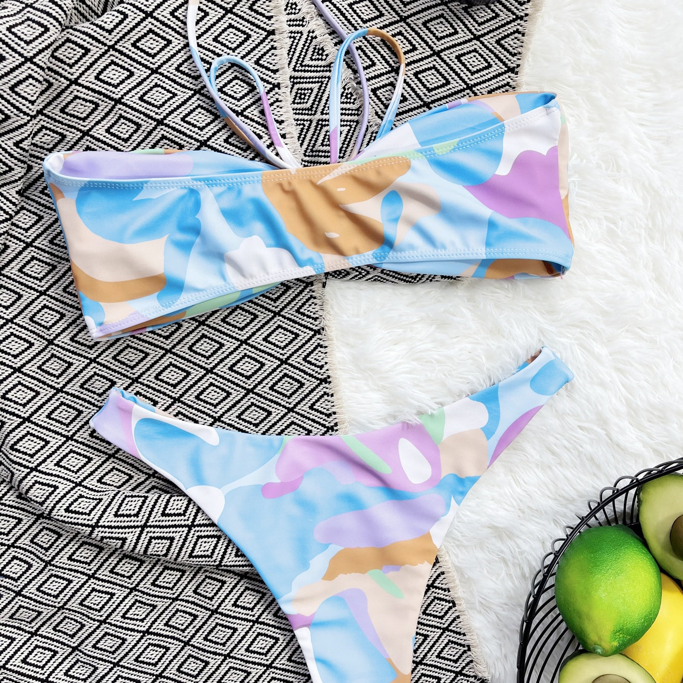 Print Bandeau Bikinis Set Swimsuit - Lace-up Thong Swimsuit for Women Sexy Bikini