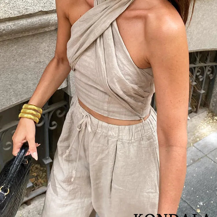 KONDALA Streetwear Khaki Linen Suits Women Sleeveless Halter Sexy Crop Tops Women+High Waist Wide Leg Pants Fashion Sets