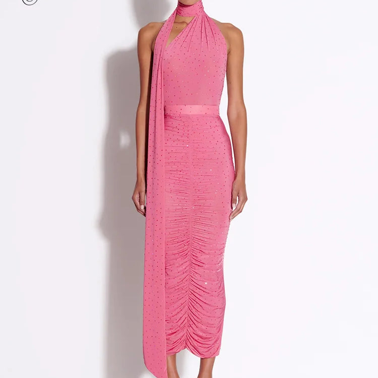 Elegant Sleeveless Halter Ribbon Ruched Details Backless Body Suit With Beaded Maxi Long Skirt Two Pieces Set Casual Wearing