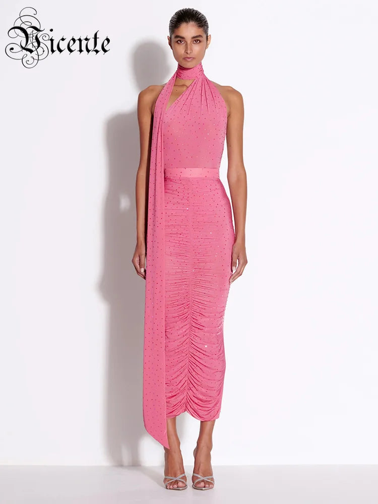 Elegant Sleeveless Halter Ribbon Ruched Details Backless Body Suit With Beaded Maxi Long Skirt Two Pieces Set Casual Wearing