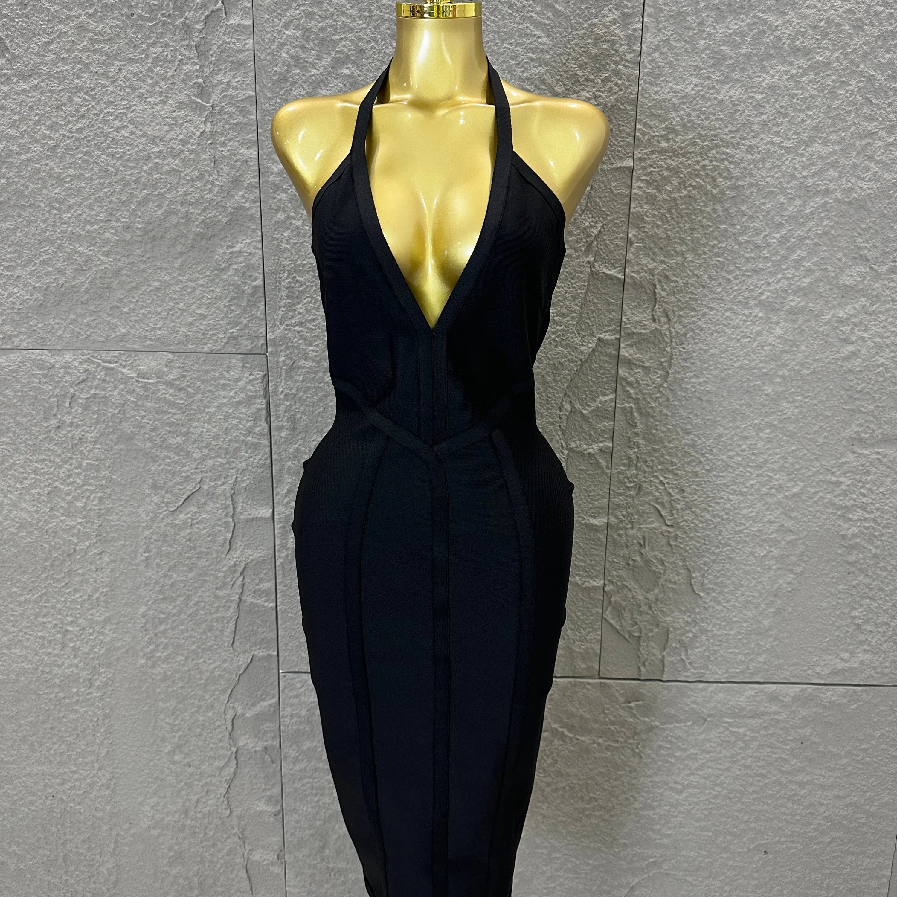 Elegant 2026 Brown Bandage Midi Dress Women Sexy Halter Neck Deep V Bodycon Evening Party Costume Cocktail Party Costume black